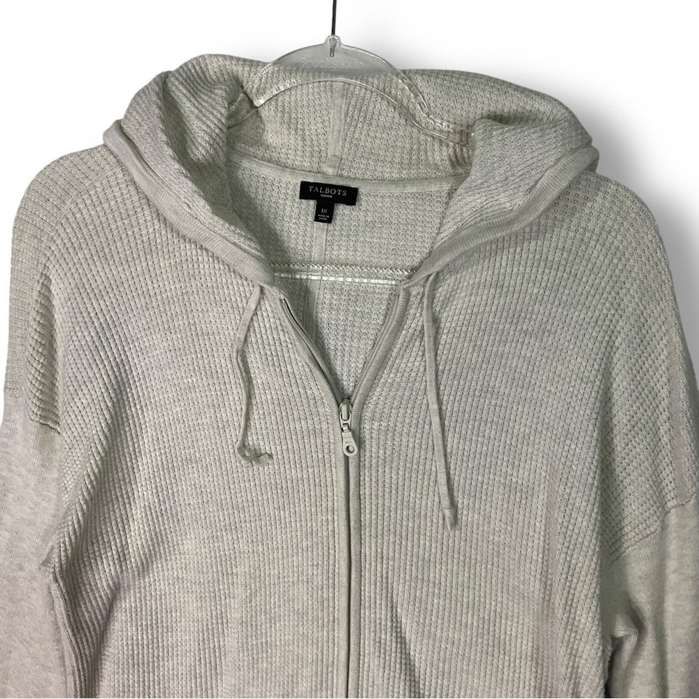 Talbots Waffle Knit Hooded Thermal Sweater 1X Full Zip Neutral Long Lightweight - Picture 2 of 11